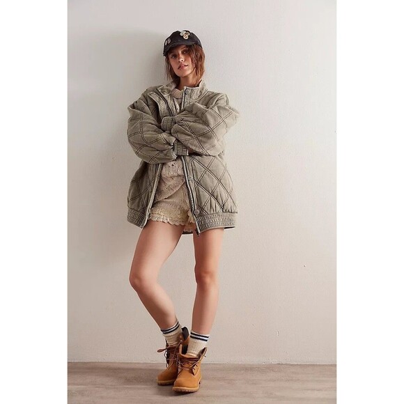 Free People Juno Quilted Jacket Top Bomber Oversized Buttondown Cotton XS 283320 - Picture 1 of 9